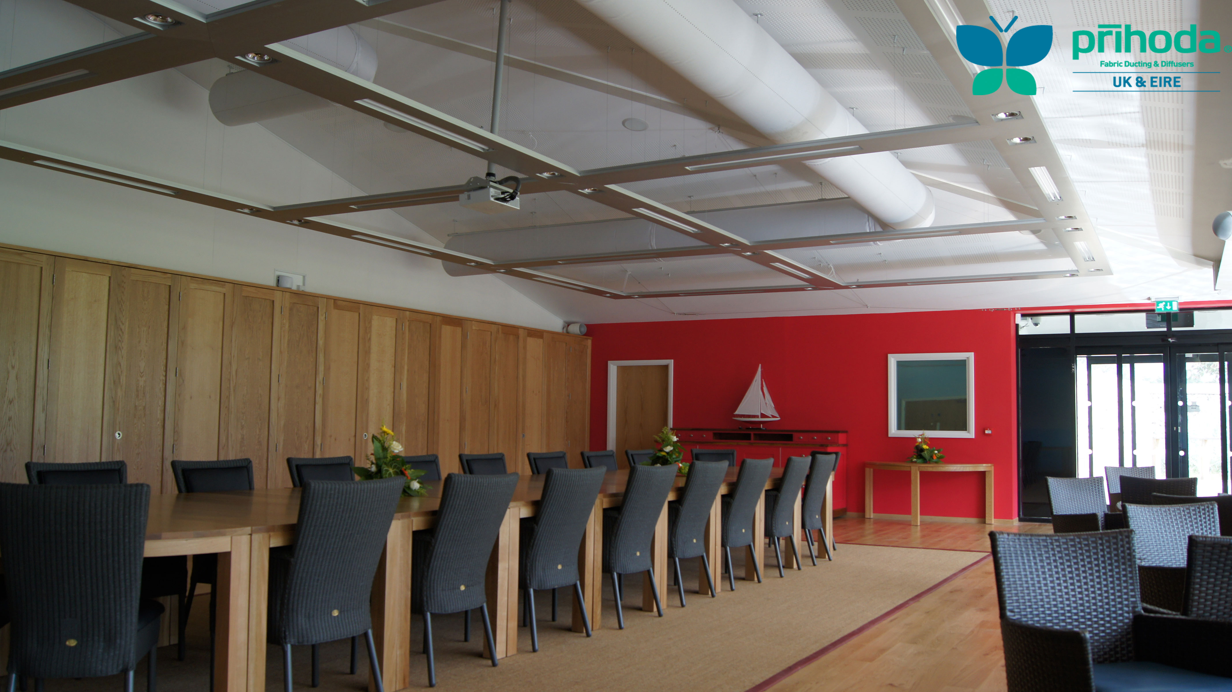 Conference room air conditioning with Prihoda fabric ducting