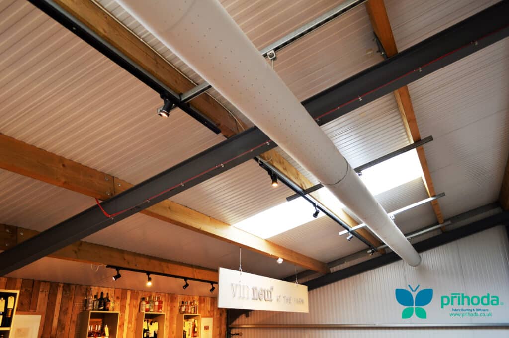 retail building ceiling with fabric ducting at The Farm