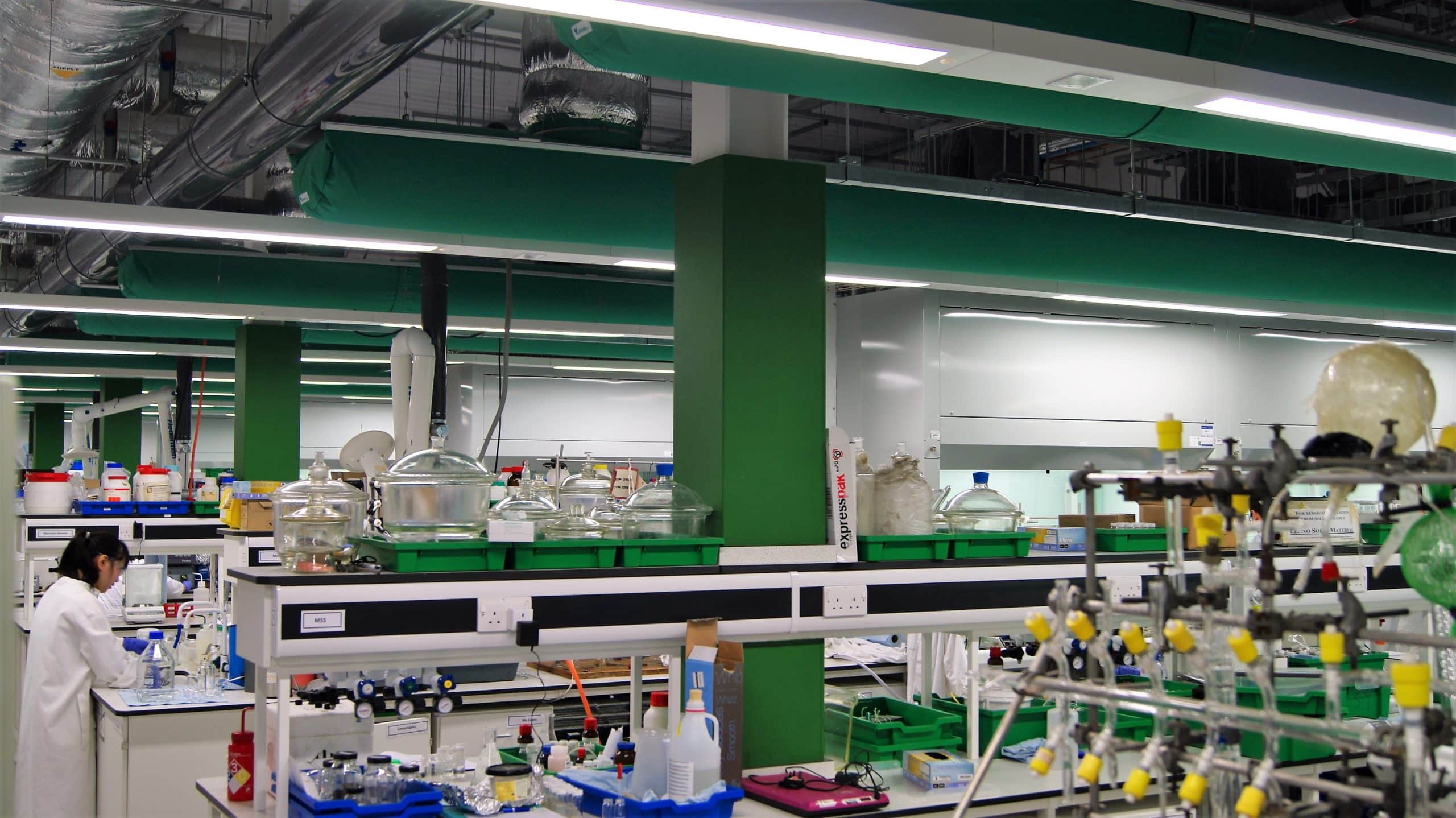 Green fabric ducts in a University of York laboratory