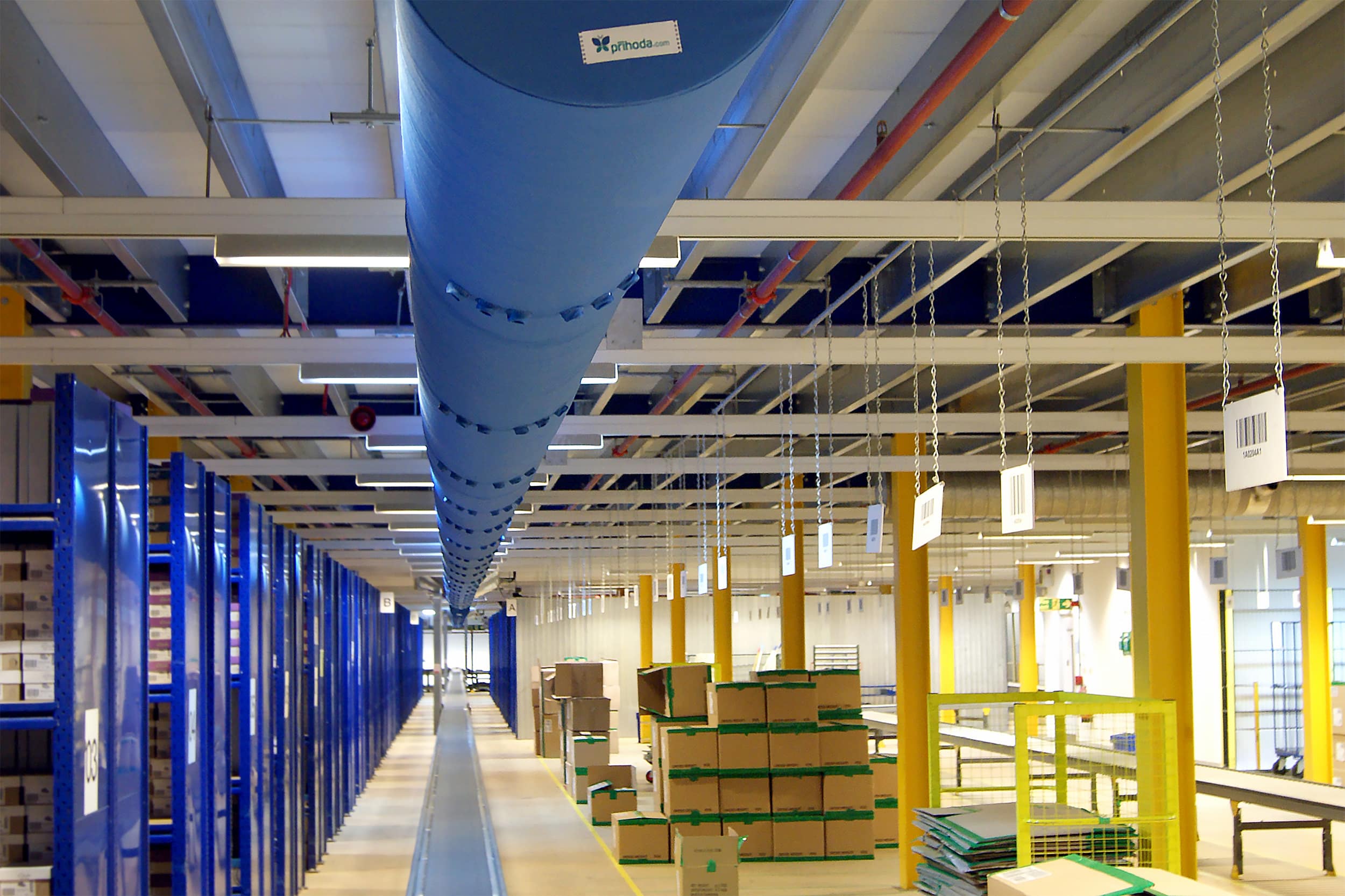 Blue fabric ducting in a warehouse