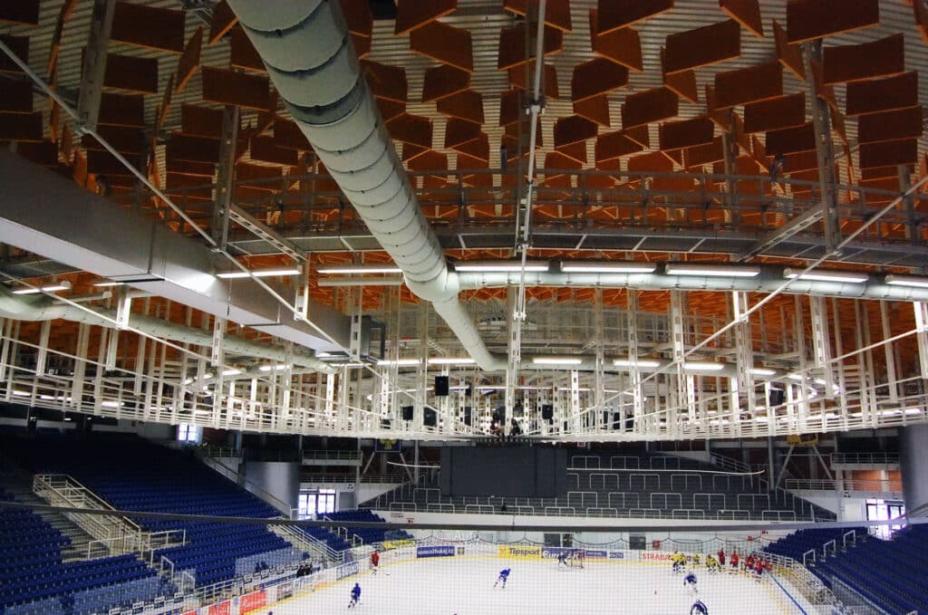 grey fabric ducting in a hockey arena