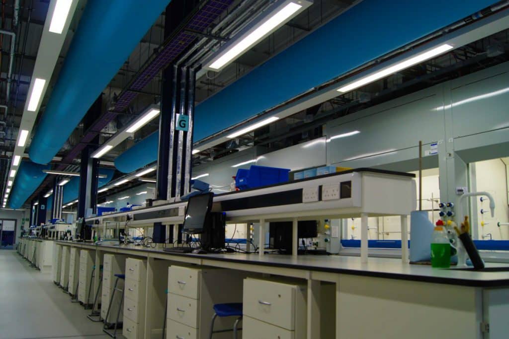 light blue fabric sock on ceiling of a lab
